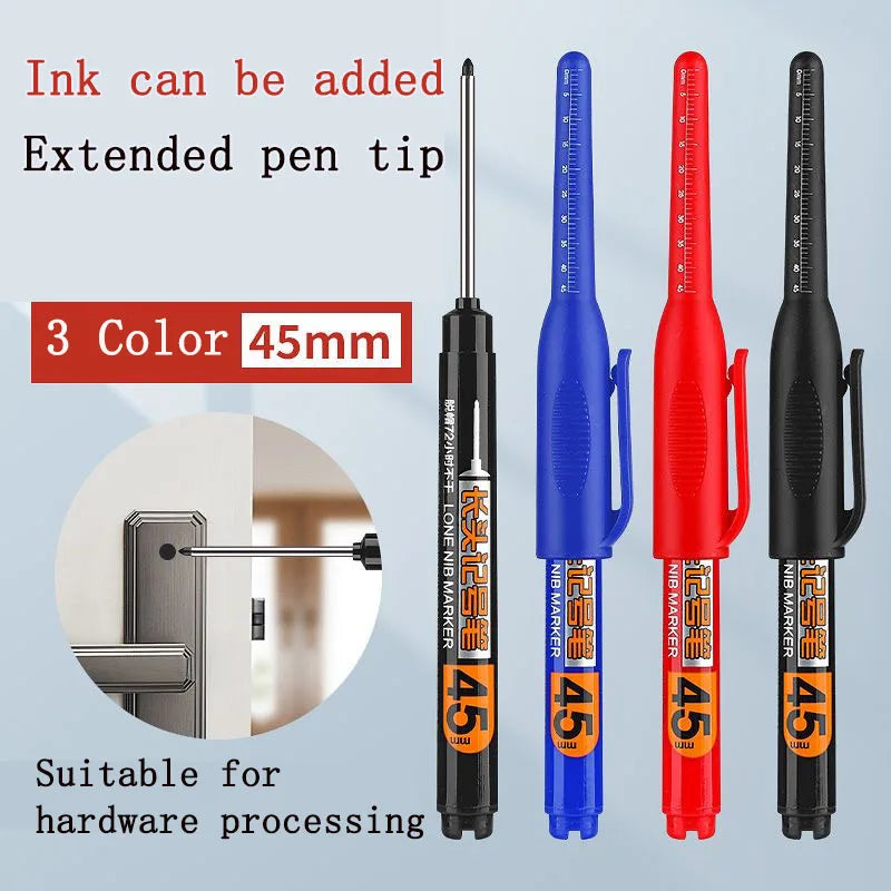 4pcs/Set 45mm Tip Deep Hole Long Nib Head Markers Deep Drill Hole Long Nib Scriber Mechanical Carpentry Pen black blue red ink
