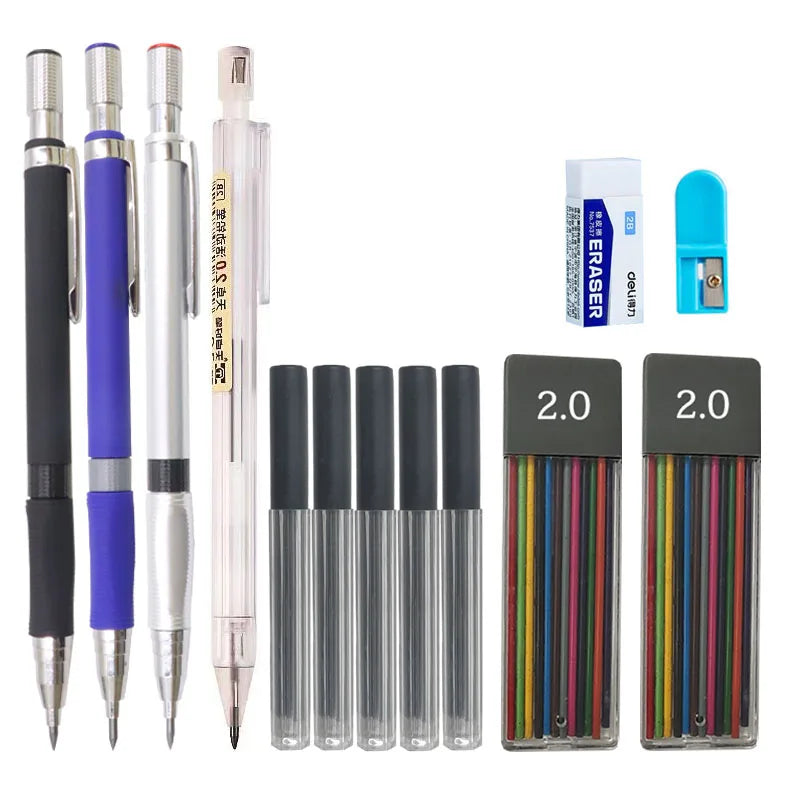 2.0 Retractable Mechanical Metal Plastic Pencil Colored Black 2mm Refill 2B Lead for Sketch Drawing School Drawing Pencil