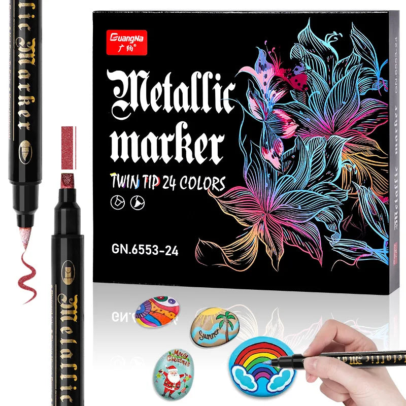 12-60 Colors Double Tip Acrylic Paint Marker Pen Art Student Fine Dots Brush Metallic For Multiple Surfaces Rock Ceramic Glass